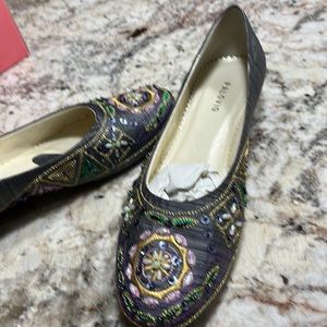 Palovio gray silk beaded 1” heal slip on shoes